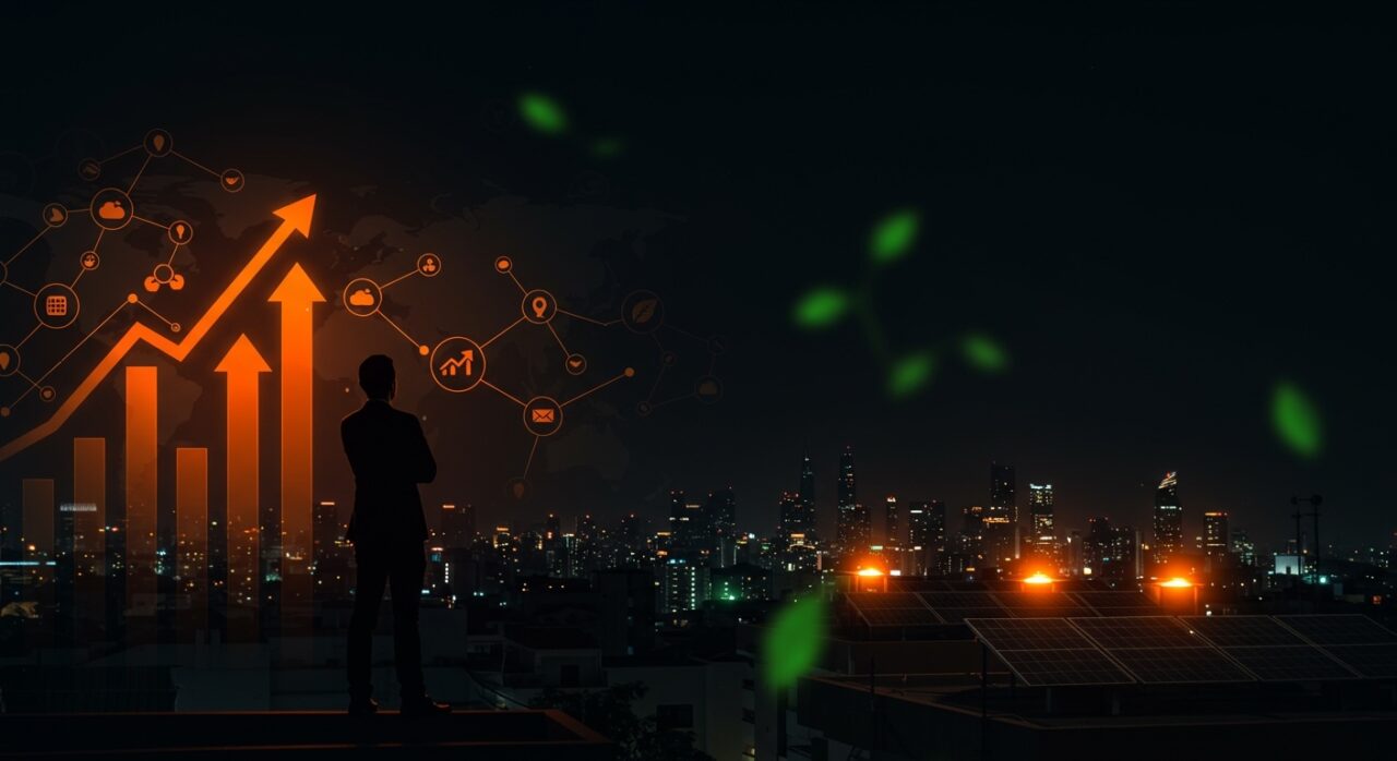 Líder empresarial frente a una ciudad iluminada con paneles solares, simbolizando autoconsumo solar y expansión regional en energía renovable.