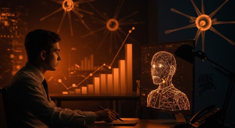 Trabajador estadounidense dudando frente a un jefe IA holográfico, ilustrando la aceptación limitada de supervisores IA en tendencias laborales y automatización.