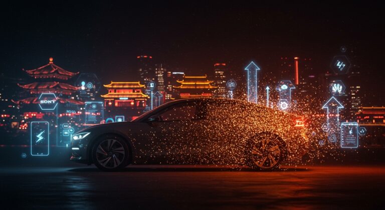 Coche eléctrico futurista con simbolismo de liderazgo chino en movilidad eléctrica y la cancelación de Afeela de Sony y Honda en la industria automotriz.