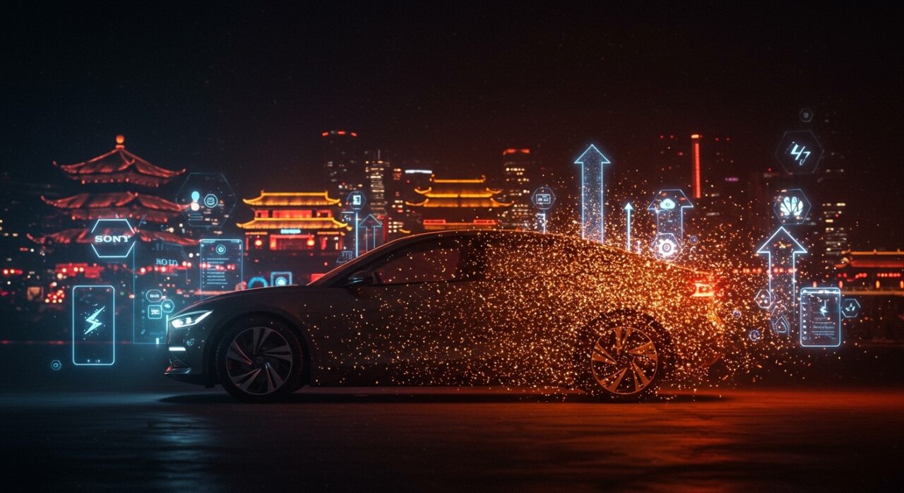 Coche eléctrico futurista con simbolismo de liderazgo chino en movilidad eléctrica y la cancelación de Afeela de Sony y Honda en la industria automotriz.