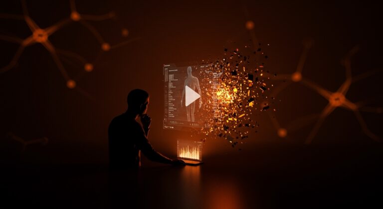 Founder contemplando un holograma de video generado por inteligencia artificial representando el cierre de Sora y los desafíos para startups de IA.