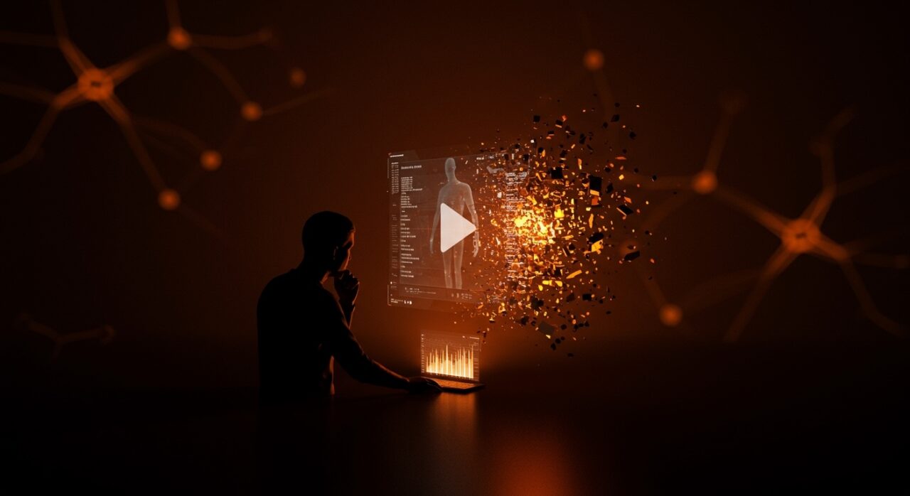 Founder contemplando un holograma de video generado por inteligencia artificial representando el cierre de Sora y los desafíos para startups de IA.