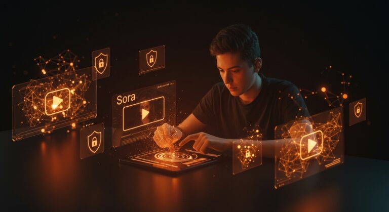 Usuario innovador creando videos con IA segura en la plataforma Sora, destacando seguridad y cumplimiento normativo.