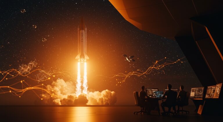 Cohete SpaceX lanzándose sobre un grupo de founders tecnológicos observando el impacto de la histórica salida a bolsa y su influencia en startups espaciales y funding.