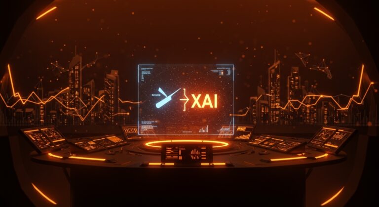 Visual futurista que muestra la fusión de SpaceX y xAI liderando startups unicornio en 2026 con simbolismos de inversión tecnológica y tendencias de IA.