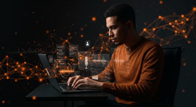 Founder utilizando aplicación de Windows con modelos locales de IA para transcripción privada y dictado offline, enfocado en productividad tech startup.
