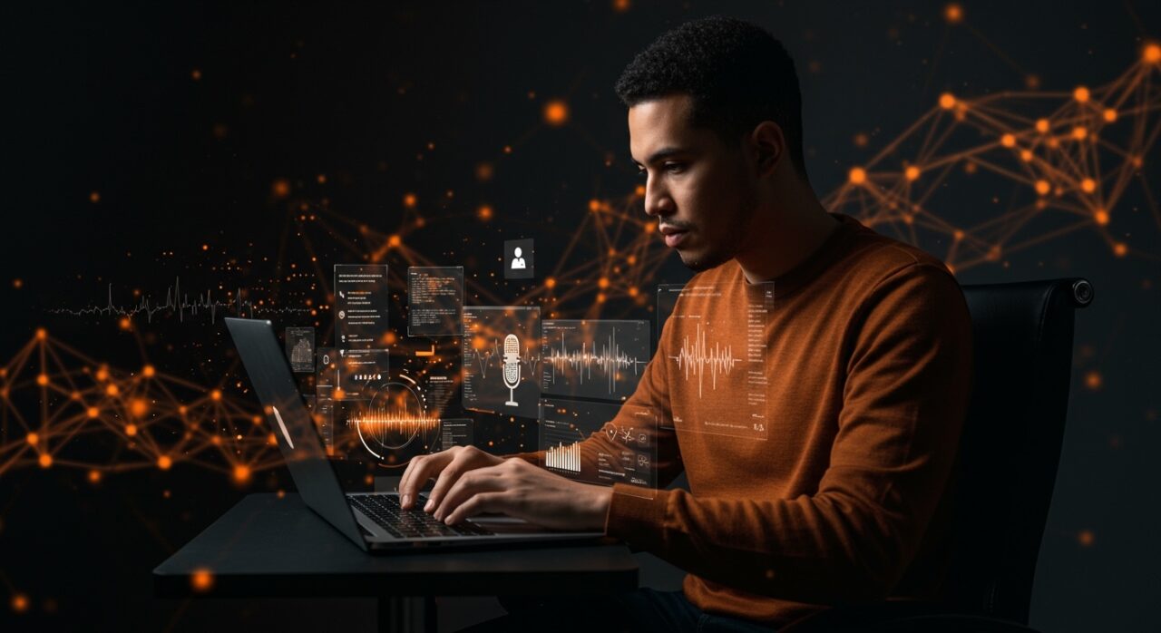 Founder utilizando aplicación de Windows con modelos locales de IA para transcripción privada y dictado offline, enfocado en productividad tech startup.