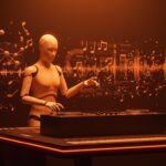 Representación visual del DJ de inteligencia artificial de Spotify enfrentando las limitaciones al interpretar música clásica en tecnología de streaming.