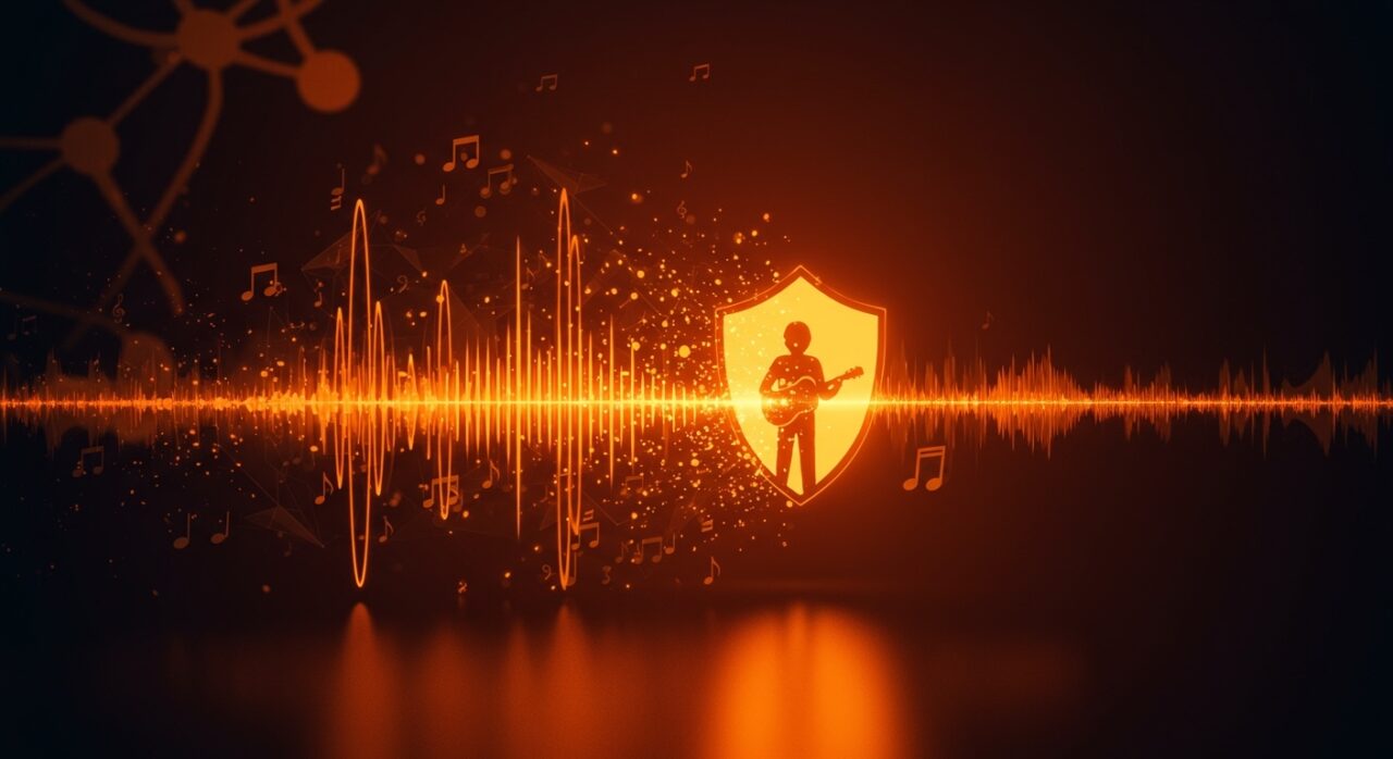 Ilustración conceptual de Spotify usando filtros IA para proteger a artistas en la música digital con elementos visuales de tecnología musical y control de contenido.