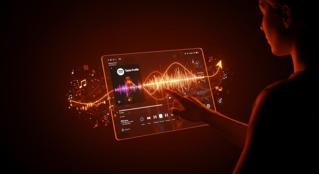 Interacción con Spotify Taste Profile mostrando recomendaciones personalizadas y control del algoritmo musical en Ecosistema Startup.