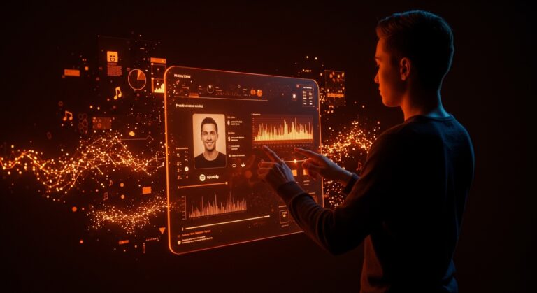 Usuario premium de Spotify editando su algoritmo personal de recomendaciones musicales con IA en una interfaz futurista y personalizada.