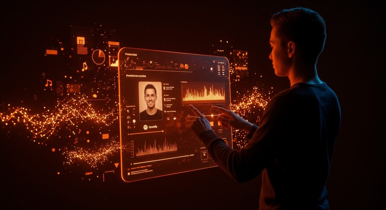 Usuario premium de Spotify editando su algoritmo personal de recomendaciones musicales con IA en una interfaz futurista y personalizada.