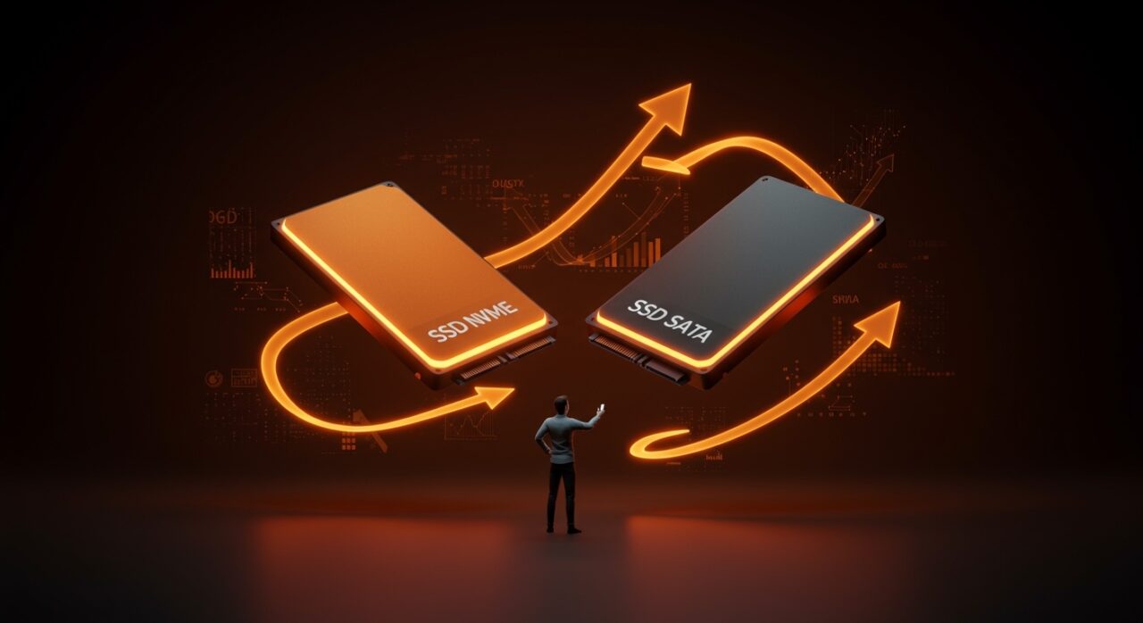 Decisión entre SSD NVMe y SATA para startups en 2026 optimizando hardware y productividad tecnológica.