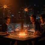 Imagen futurista de founders tech usando modelos de IA en 2026 para maximizar productividad y automatización en startups.