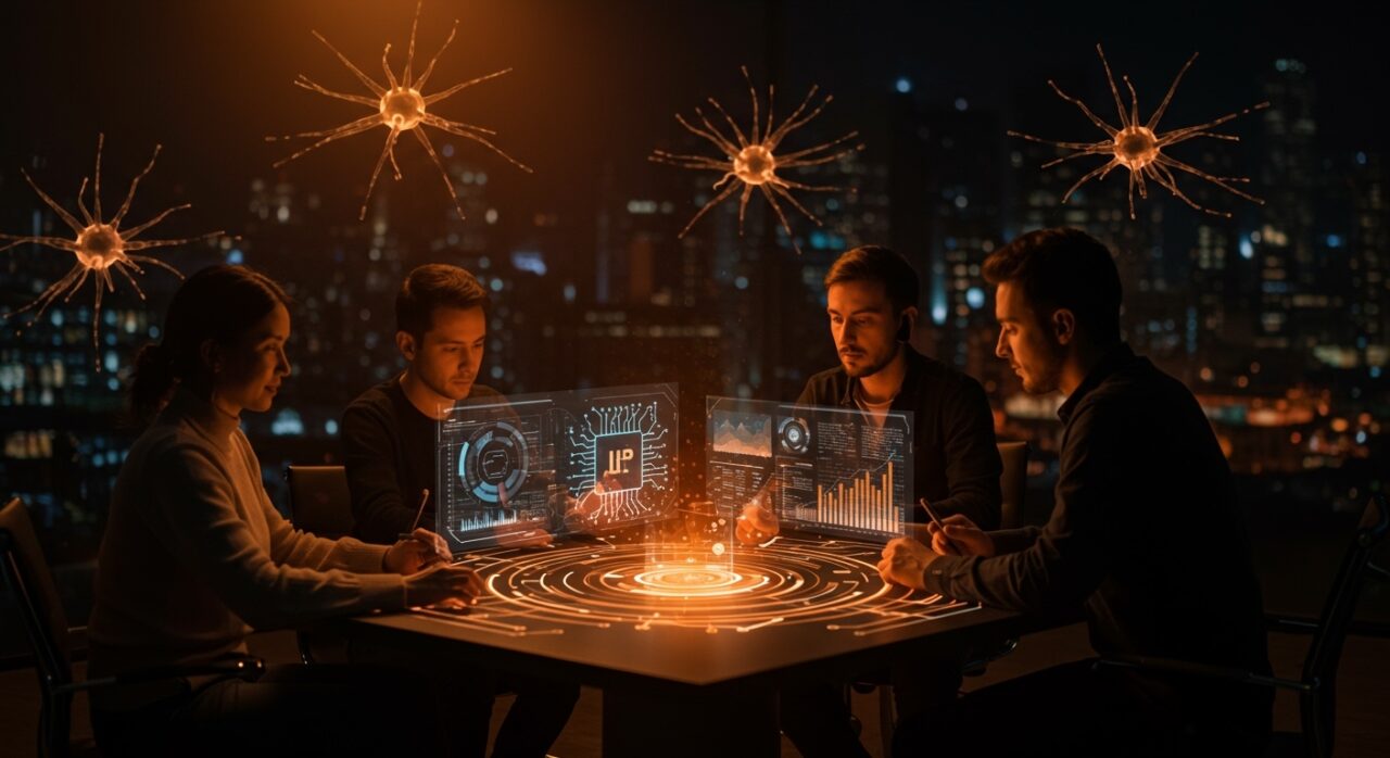 Imagen futurista de founders tech usando modelos de IA en 2026 para maximizar productividad y automatización en startups.