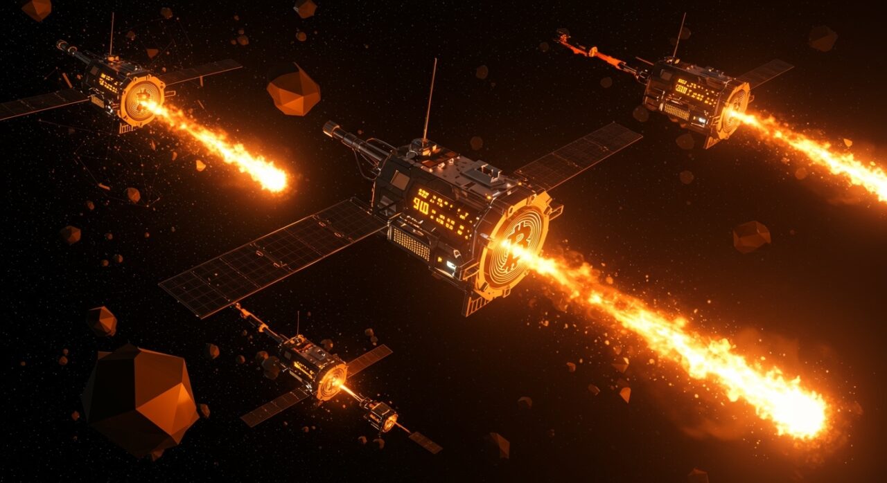 Satélites Starcloud minera bitcoin en órbita usando GPUs Nvidia H100 y ASICs con energía solar, representando infraestructura blockchain espacial.