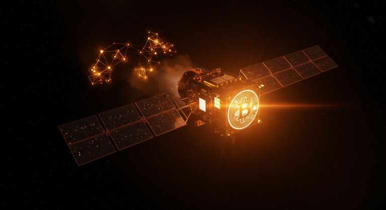 Satélite Starcloud minando Bitcoin desde el espacio con energía solar, mostrando innovación tecnológica y minería orbital de blockchain.