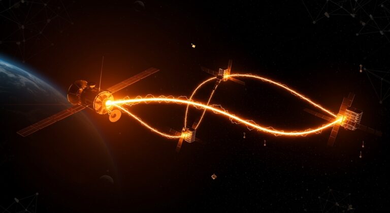 Centros de datos en el espacio de Starcloud con flujos de datos y energía representando financiación y crecimiento tecnológico en startups.