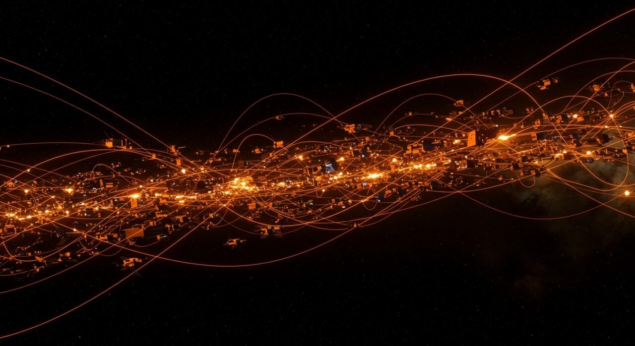 Mega constelación de satélites Starlink orbitando la Tierra destacando innovación y retos en infraestructura satelital.