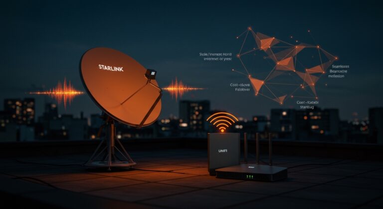 Starlink Mini como internet satelital de respaldo configurado con UniFi para failover e IPv6, solución económica para startups.
