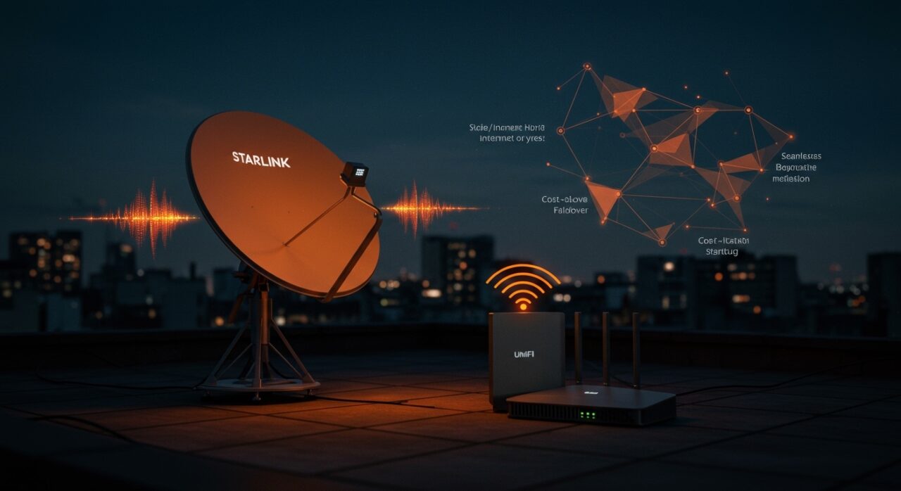 Starlink Mini como internet satelital de respaldo configurado con UniFi para failover e IPv6, solución económica para startups.