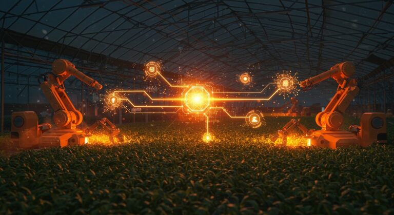 Robots automatizando la cosecha en invernaderos con inteligencia artificial y robótica agrícola en una startup tecnológica financiada en Europa.