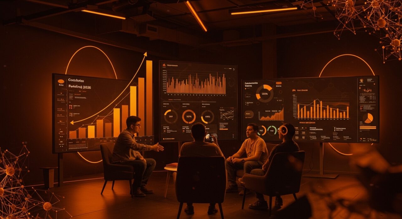 Fundadores latinoamericanos destacando en la convocatoria Startup Battlefield 2026 de TechCrunch con pitch y colaboración tecnológica en entorno futurista.