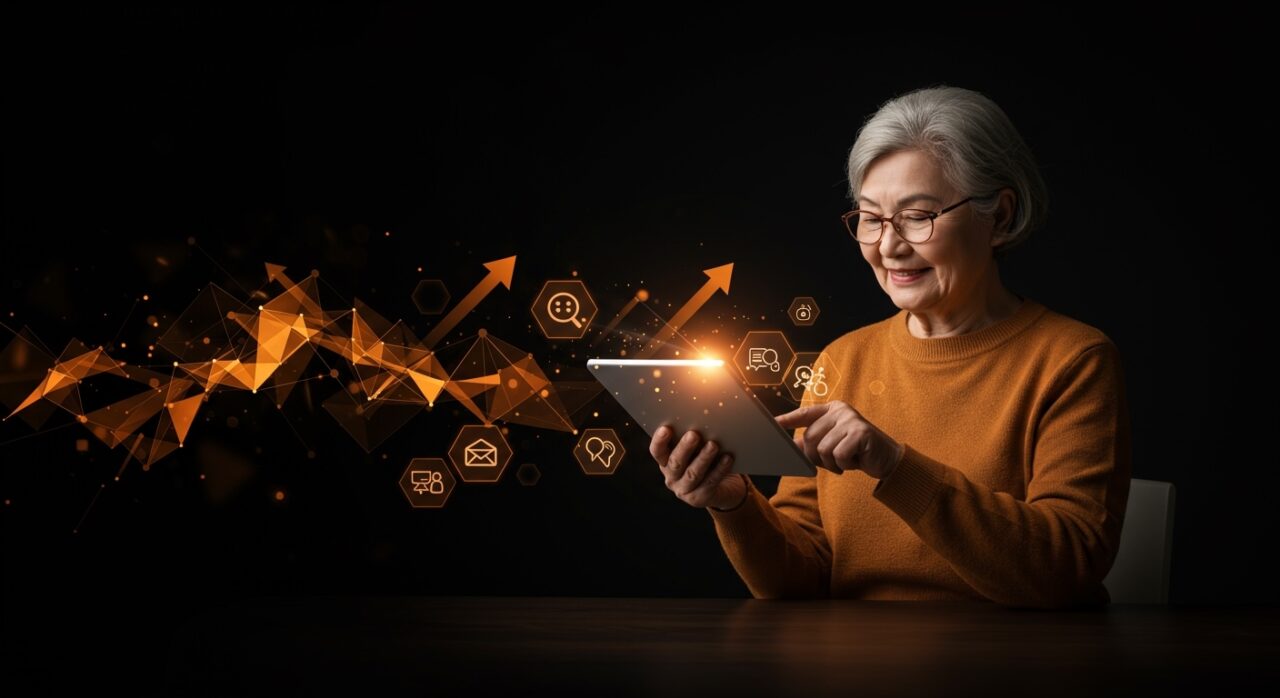 Senior utilizando tecnología accesible para reducir la brecha digital, representando inclusión digital y el impacto social de startups.