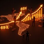 Fundadores tecnológicos latinoamericanos colaborando alrededor de un mapa digital que simboliza el impacto multiplicador de Startup Chile en emprendimiento tecnológico.