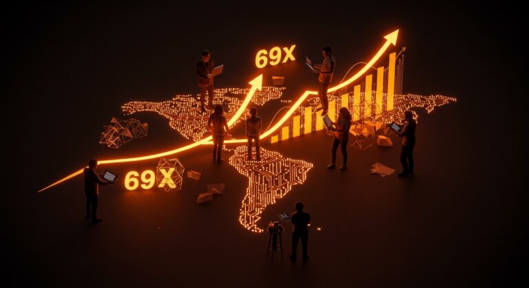 Fundadores tecnológicos latinoamericanos colaborando alrededor de un mapa digital que simboliza el impacto multiplicador de Startup Chile en emprendimiento tecnológico.