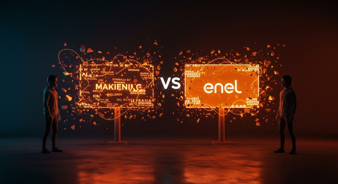 Conflicto visual entre la startup chilena Edify y Enel en estrategias de marketing y marca, con metáforas de comunicación y riesgos legales.