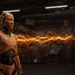 Robot humanoide con IA en entorno industrial representando inversión y automatización en startup tecnológica china.