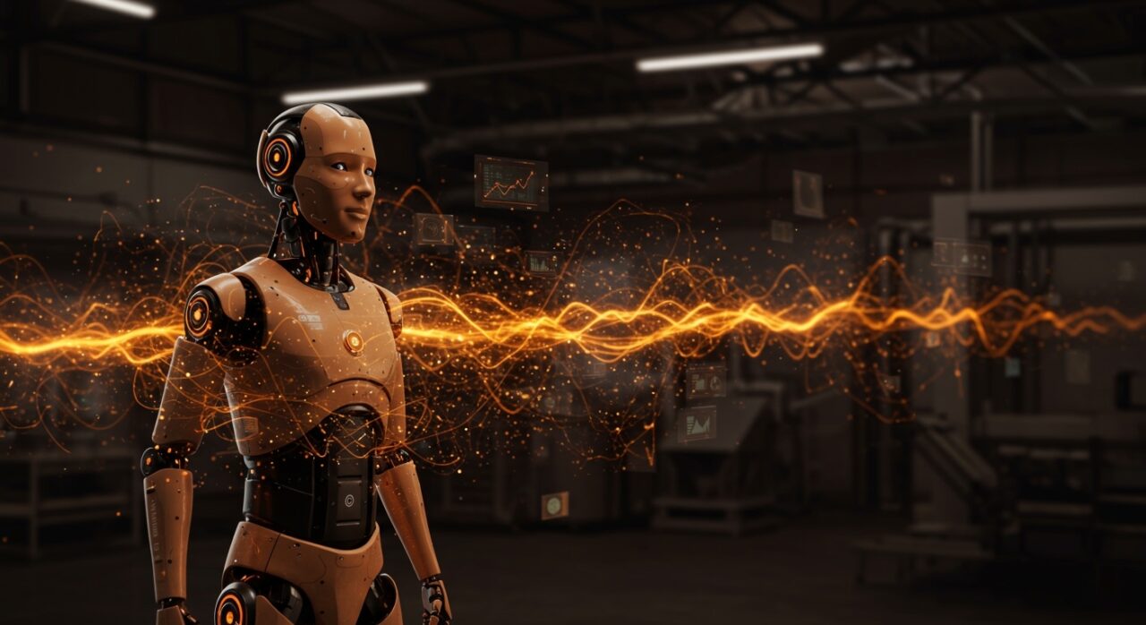 Robot humanoide con IA en entorno industrial representando inversión y automatización en startup tecnológica china.