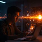 Joven fundador de startup de IA y ciberseguridad analizando código seguro con inversión tecnológica destacada.