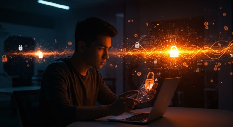 Joven fundador de startup de IA y ciberseguridad analizando código seguro con inversión tecnológica destacada.