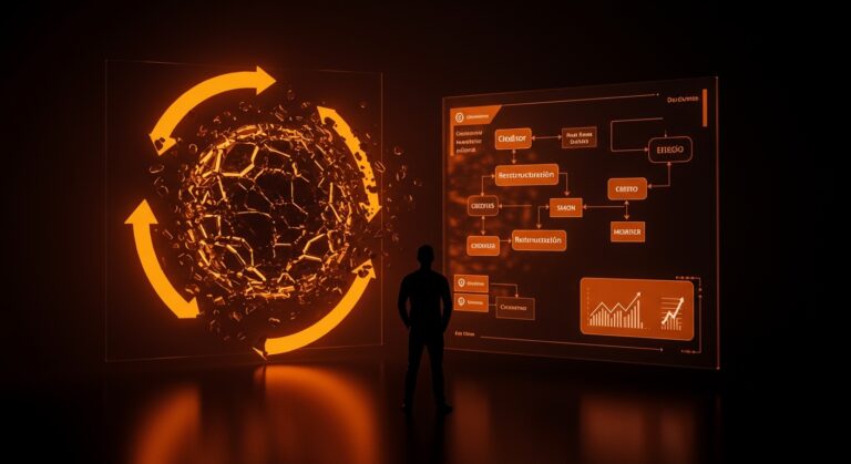 Reorganización judicial aprobada para startup Fracción mostrando al fundador frente a flujos financieros y acuerdos con acreedores en ecosistema startup.