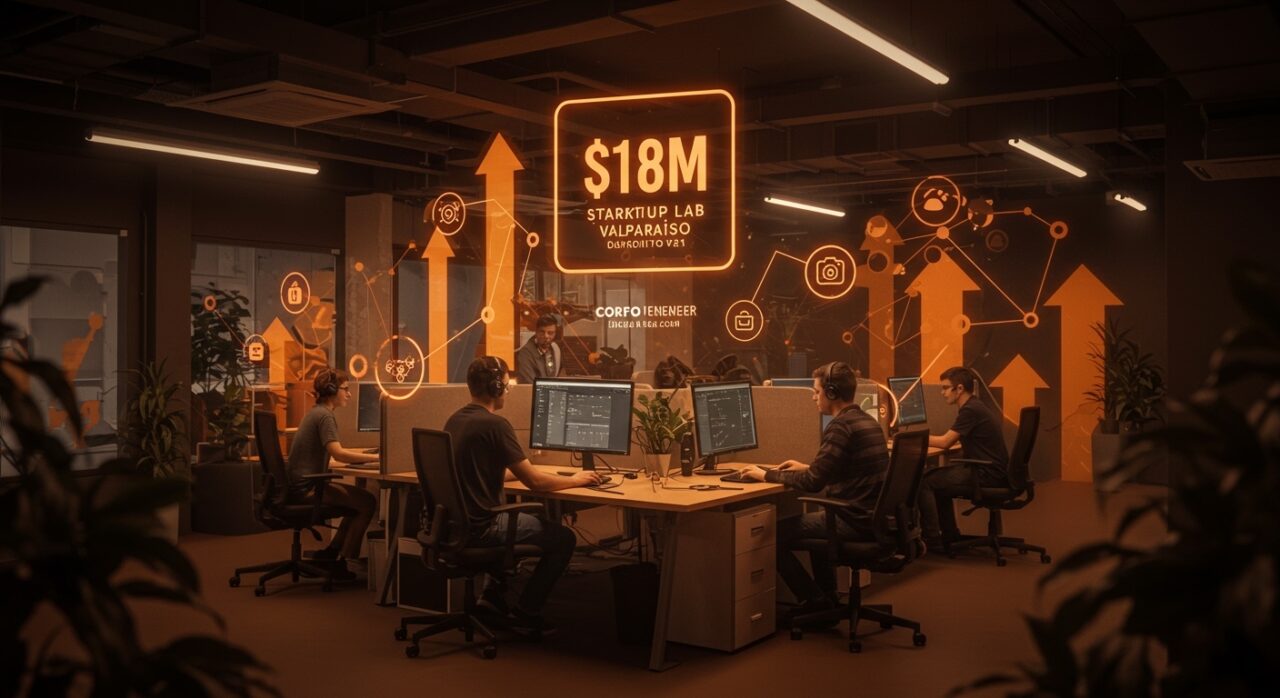 Startup Lab Valparaíso hub de innovación con inversión de 18 millones, mostrando colaboración de emprendedores tecnológicos y ecosistema startup regional.