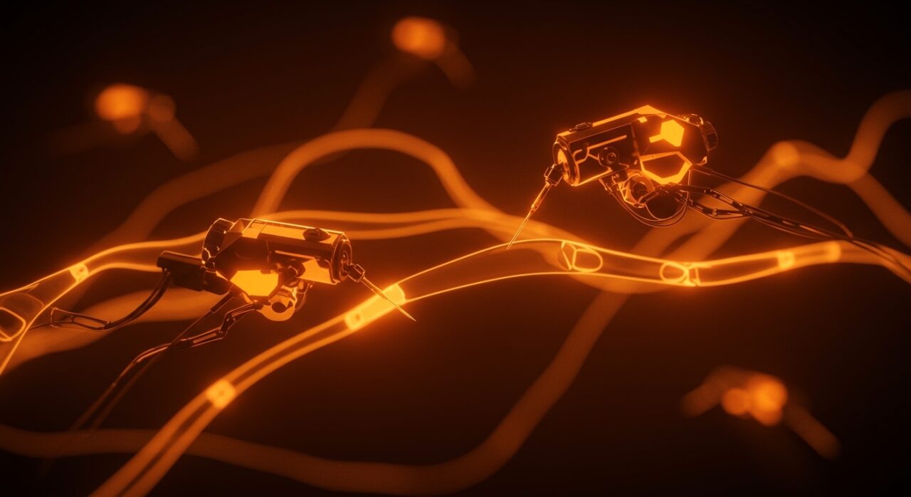 Microrrobots innovadores limpiando desechos cerebrales para tratamiento de Alzheimer en startup tecnológica.