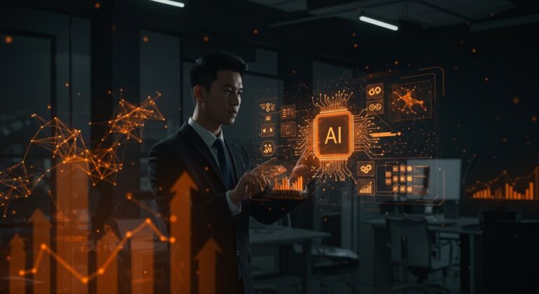 Startup revolucionando software empresarial con IA y prompts mostrando interacción con sistema operativo de IA y crecimiento de inversión.