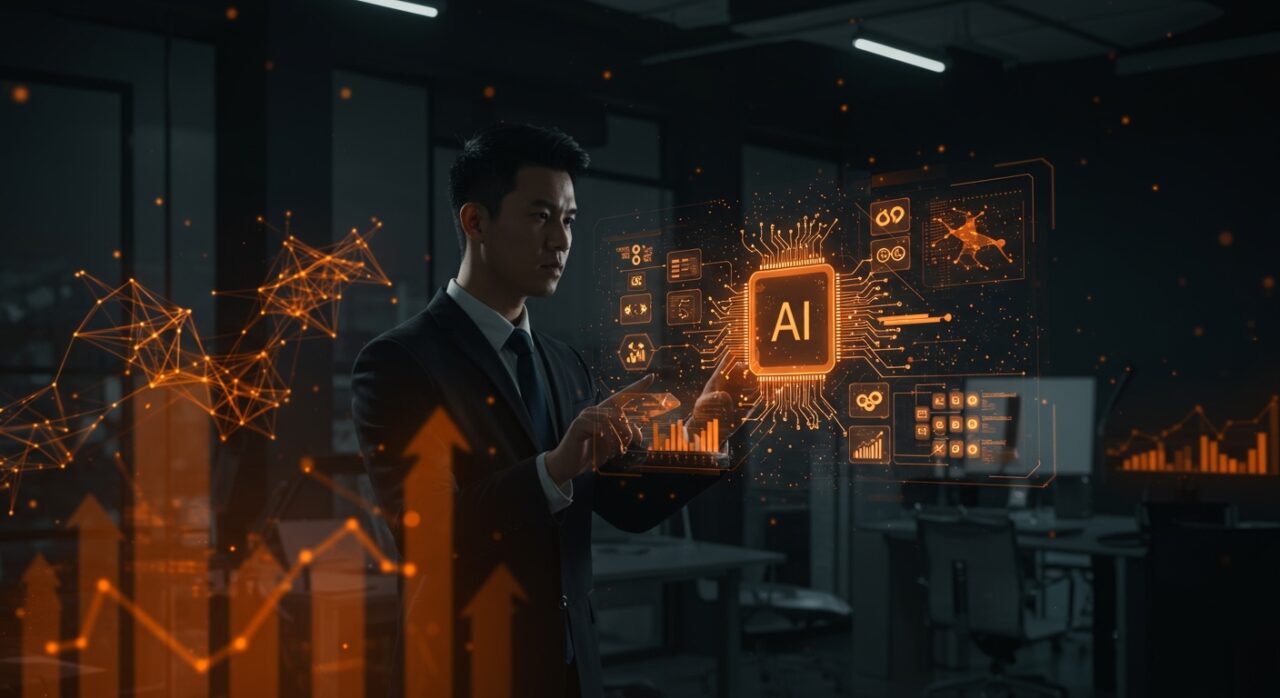 Startup revolucionando software empresarial con IA y prompts mostrando interacción con sistema operativo de IA y crecimiento de inversión.