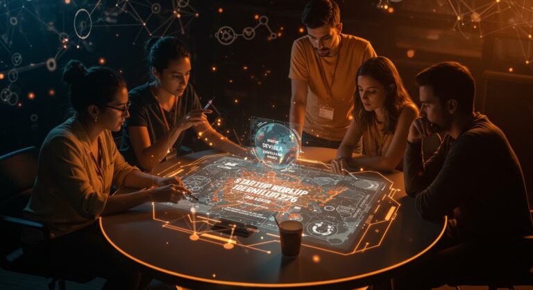 Fundadores colaborando en Sevilla para la Startup World Cup 2026, representando el ecosistema emprendedor iberoamericano y la innovación tecnológica.