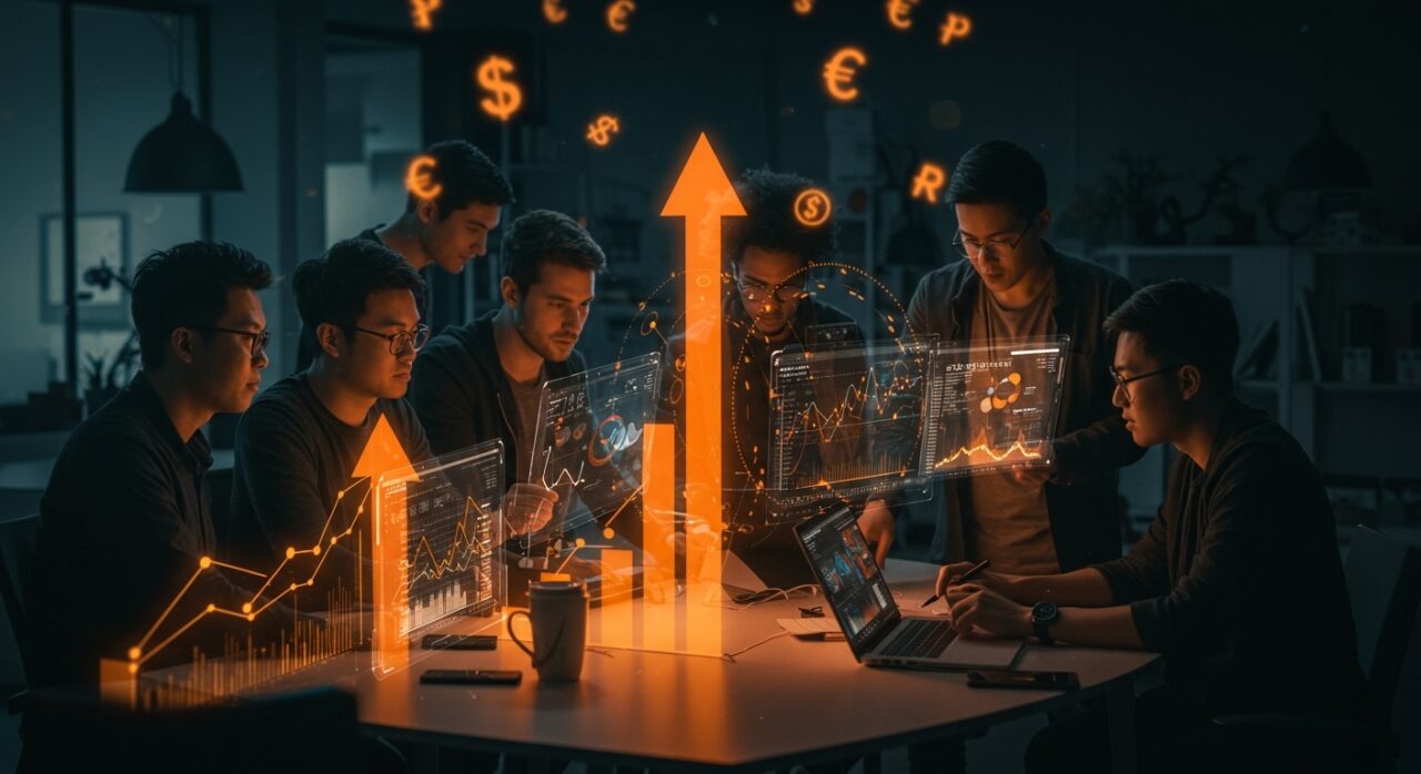 Startups fintech e inteligencia artificial colaborando en un entorno tecnológico para competir en el Startup World Cup y optar a US$1 millón en Silicon Valley.