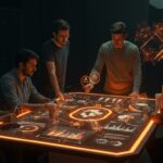 Startups argentinas colaborando en un entorno futurista que representa programas globales de mentoría, aceleración y funding para escalar internacionalmente.