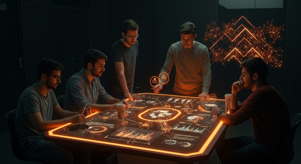 Startups argentinas colaborando en un entorno futurista que representa programas globales de mentoría, aceleración y funding para escalar internacionalmente.