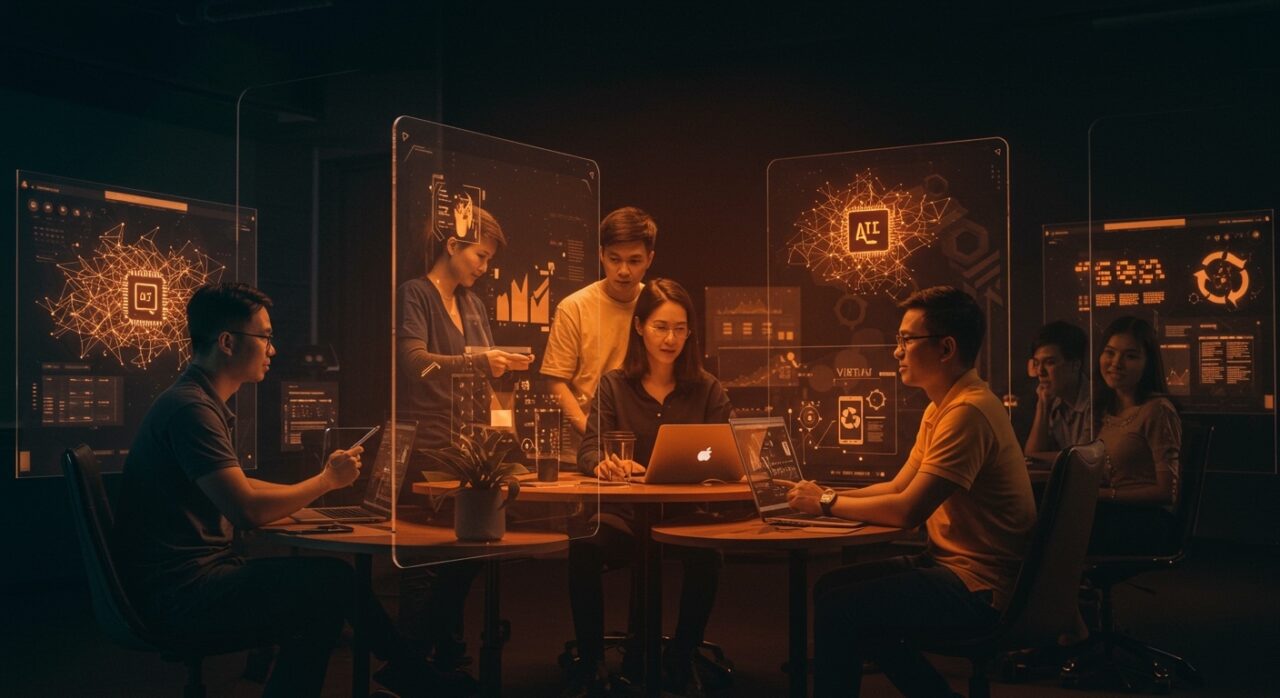 Equipo de startups digitales en Vietnam colaborando con IA, IoT y economía circular en un ecosistema de innovación urbana y transformación digital.