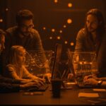 Equipo fundador familiar colaborando en startup tecnológica, destacando las dinámicas y retos del emprendimiento familiar en tecnología.