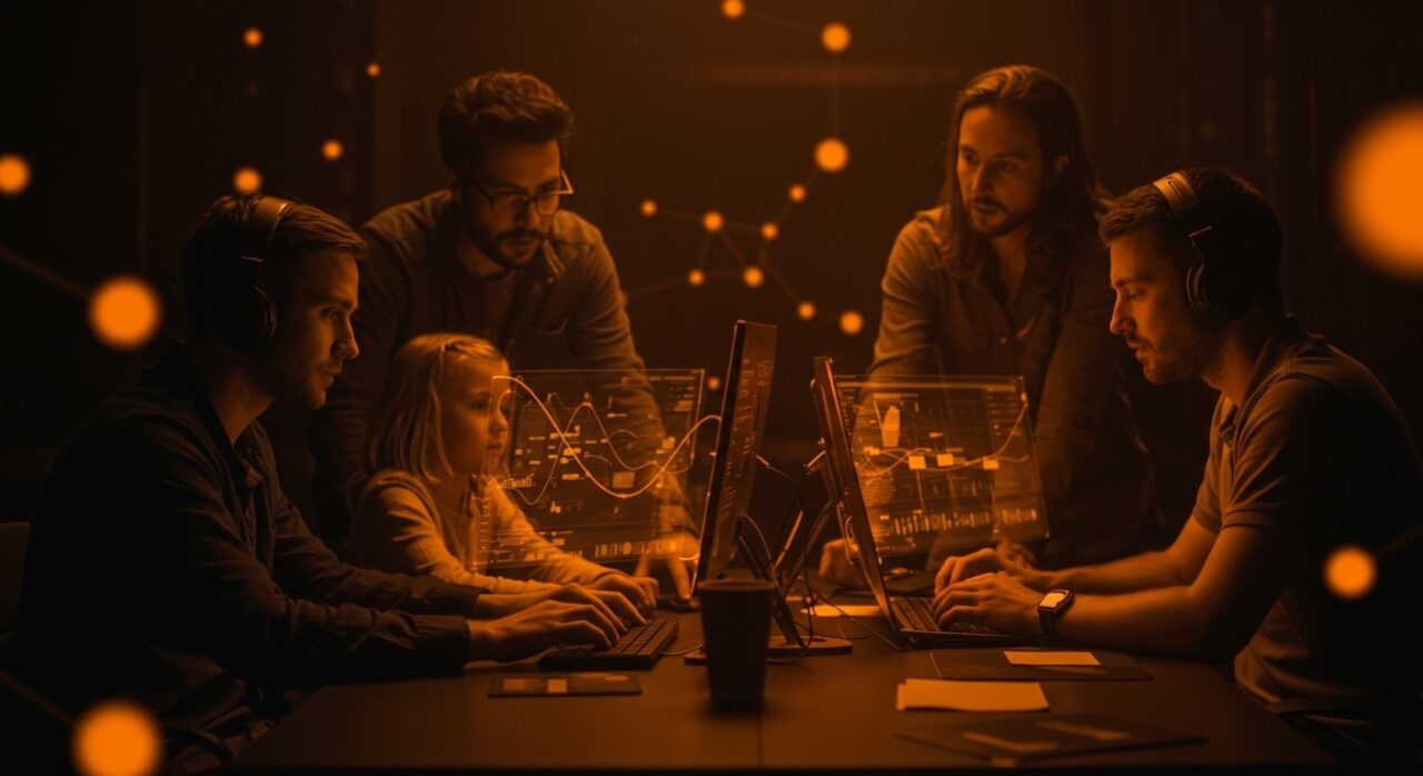 Equipo fundador familiar colaborando en startup tecnológica, destacando las dinámicas y retos del emprendimiento familiar en tecnología.