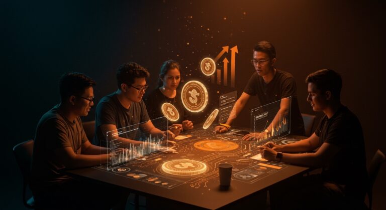 Grupo de startups fintech colaborando con representaciones visuales de stablecoins e innovación tecnológica en Alliance ALL16 Demo Day, destacando el ecosistema emprendedor de LATAM.