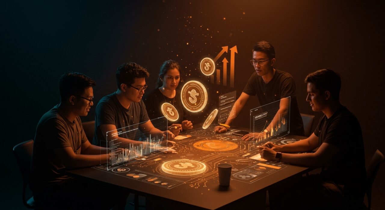 Grupo de startups fintech colaborando con representaciones visuales de stablecoins e innovación tecnológica en Alliance ALL16 Demo Day, destacando el ecosistema emprendedor de LATAM.