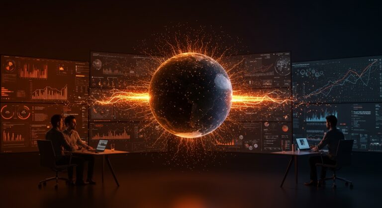 Fundadores de startups IA colaborando con gráficos y redes neuronales, destacando tendencias y financiamiento de venture capital en LATAM.